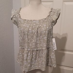 Wallflower Light Green With Blue Flowers Eyelet Ruffle Peplum Top